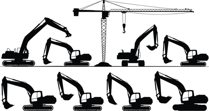 Construction machinery silhouette set with excavators and tower crane, heavy equipment collection for building site, industrial engineering concept isolated on white background.