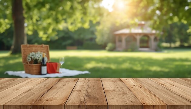 Outdoor picnic setup with basket wine glass flowers gazebo park nature leisure relaxation summer lifestyle rustic scenic vibrant wholesome fresh