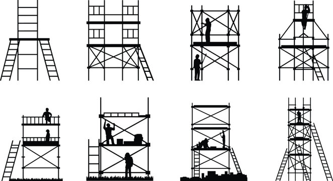 Construction scaffolding silhouette set with ladders and workers, building maintenance and renovation platform structures, industrial safety work at height icons isolated on white.