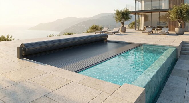 Luxury infinity swimming pool with automatic grey slatted safety cover partially closed at Mediterranean villa.