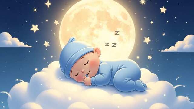 Baby sleeping peacefully on cloud under starry night sky with full moon glowing brightly 4K HD high quality video.
