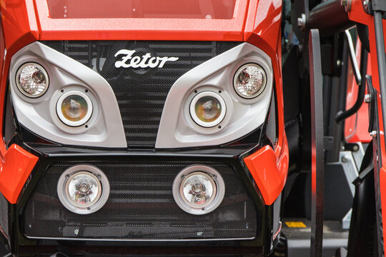 Bednary, Poland - September 25, 2021: Agroshow. Front of tractor with Zetor logo. Manufacturer of agricultural equipment