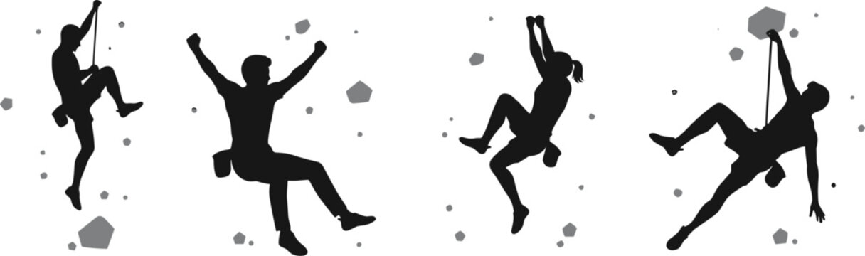 Rock climbing silhouettes set with bouldering athletes scaling mountain walls and indoor climbing gym obstacles isolated on white background vector