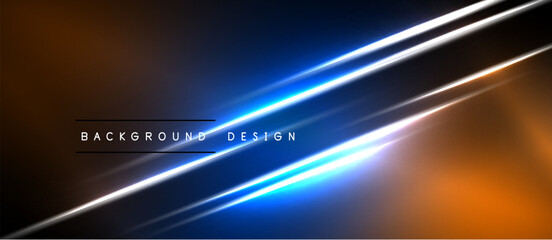 Fototapeta premium Abstract background features bright diagonal lines. Orange, blue gradients create dynamic visual effect. Minimalist text present.