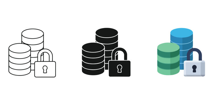 Secure Database icons Vector Set in Three Styles &mdash; Line Art, Silhouette and Color Version with padlock symbols for digital security illustration