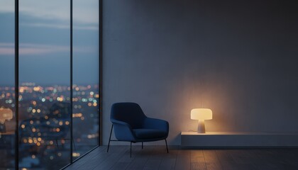 Cozy Evening Reflection, Modern Home, City Skyline, Interior Photo, Relaxing Atmosphere, Viewpoint from Inside, Customer Satisfaction Focus