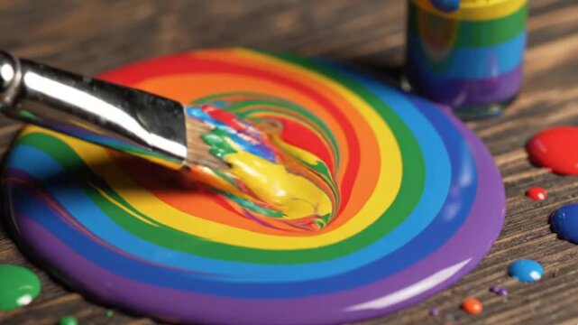 A close-up shot captures a paintbrush stirring an array of bright, fluid colors on a rustic wooden surface, creating a mesmerizing spiral pattern of red, orange, yellow, green, blue, and purple. The v