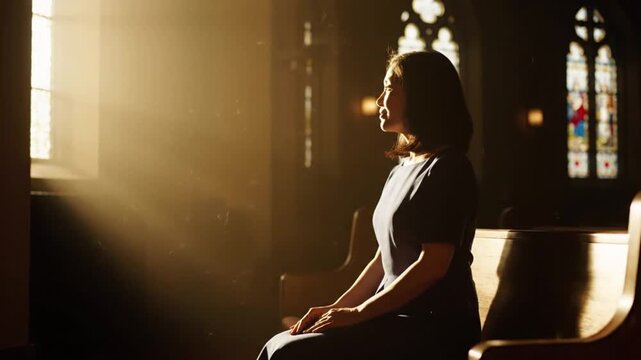A contemplative side profile shot of an individual sitting alone within a grand architectural interior, bathed in a dramatic beam of golden light filtering through a high window. Dust motes dance visi