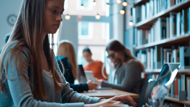 Laptop and coffee cup on table in library with student studying in background, education, learning and productivity concept in quiet academic environment