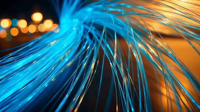 Closeup of glowing blue fiber optic cables