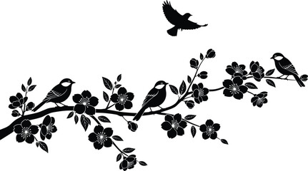 Spring Cherry Blossom Branch with Birds Silhouette Vector Illustration, Decorative Sakura Flowers and Songbirds for Nature Wedding Oriental and Floral Graphic Design,Spring Cherry Blossom Branch with 