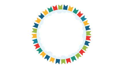 Festive circular frame made of colorful flag bunting banners perfect for party invitations or celebration announcements.