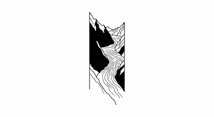 Obraz premium Black and white illustration of a winding river through a mountainous gorge