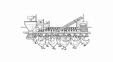 Fototapeta premium Automated poultry farm with feed dispensers and numerous chickens