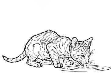 Obraz premium Black and white line drawing of a kitten drinking from a puddle
