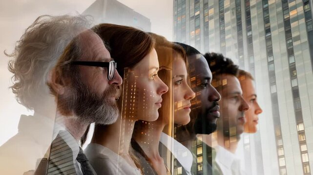 A series of identical individuals wearing white shirts and glasses in a row.
