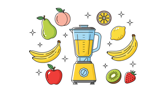 Kitchen blender surrounded by a variety of healthy fresh fruits like bananas, apples, pears, peaches, and berries on a white background.