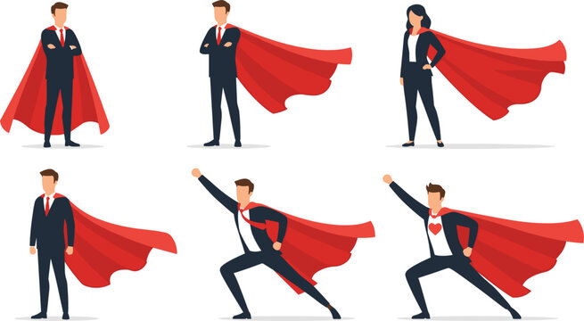Professional businessmen and women in suits wearing red superhero capes set confident leaders and high achiever office characters vector illustration on white.