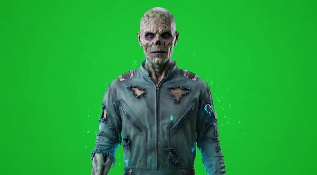 Progression of an alien figure in front of a green screen