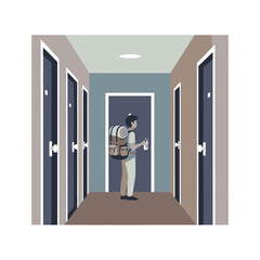 Fototapeta premium Traveler With Backpack And Key Standing In Hotel Corridor With Doors
