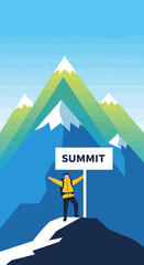Obraz premium Triumphant Climber Reaches Mountain Summit Sign in Success Outdoor Adventure