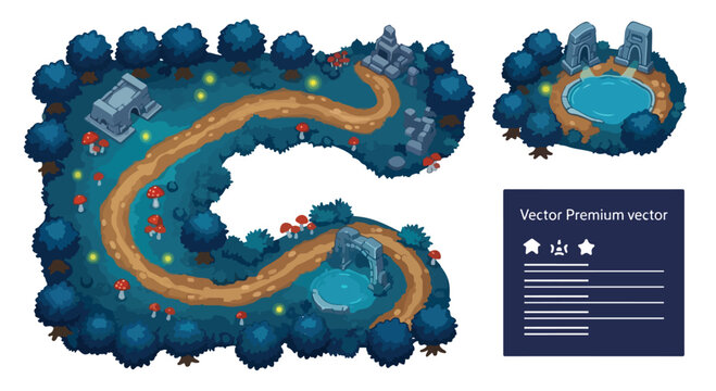 Vector top-down game map with winding dirt path, dark blue trees, red mushrooms, and glowing fireflies, featuring ancient stone ruins and a tranquil pond, isolated on transparent background.