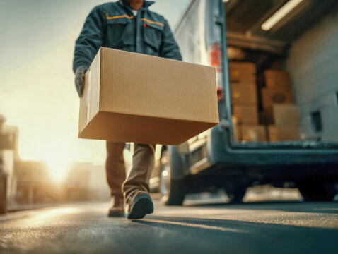 Delivery worker carrying a cardboard box from a van during early morning hours with backlit sunlight and urban background environment