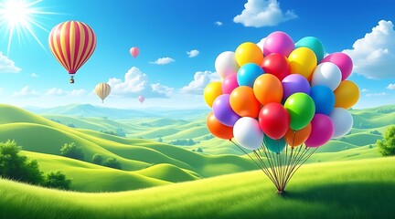 Naklejka premium Colorful balloons and hot air balloon floating over a vibrant green landscape under a clear sky