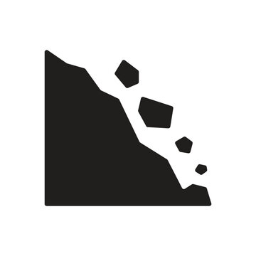 Minimalist black landslide icon depicting falling rocks from a steep slope for safety warning signs