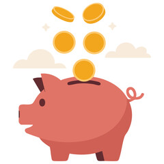 Pink Piggy Bank with Gold Coins for Savings and Investment Concept Simple Line Art © azzedine