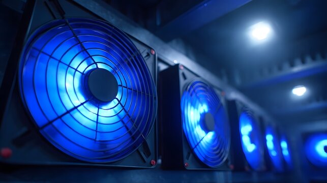 A detailed view of multiple luminous blue computer cooling fans running in a dark server room representing technology and cooling systems