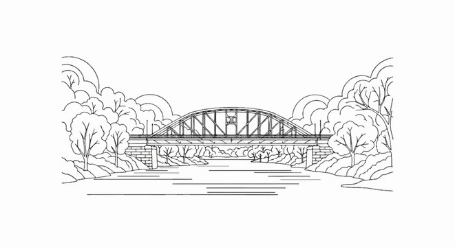 Arch truss bridge over river with trees on banks, sketched illustration