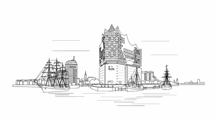 Fototapeta premium Architectural skyline with sailing ships and modern building on water