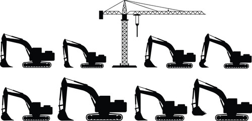 Set of construction excavator silhouettes with tower crane, heavy machinery collection for building site, industrial equipment icons isolated on white background illustration. © Shirina