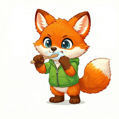 Obraz premium Cute cartoon fox brushing teeth character isolated on white background, kids hygiene and daily routine mascot illustration