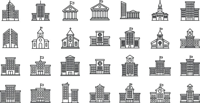 Government and public building icon collection vector set with courthouse school hospital and municipal architecture symbols
