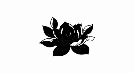 Black and white illustration of a blooming flower with detailed petals and leaves
