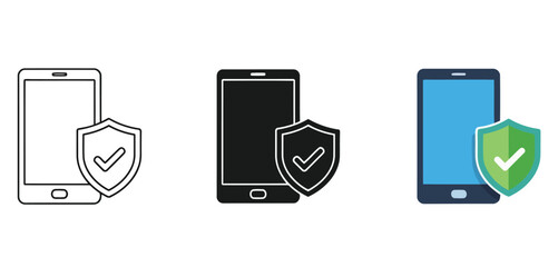 Mobile phones Icon Vector Set in Three Styles &mdash; Line Art, Silhouette and Color Version with security shield icons indicating protection and safety features