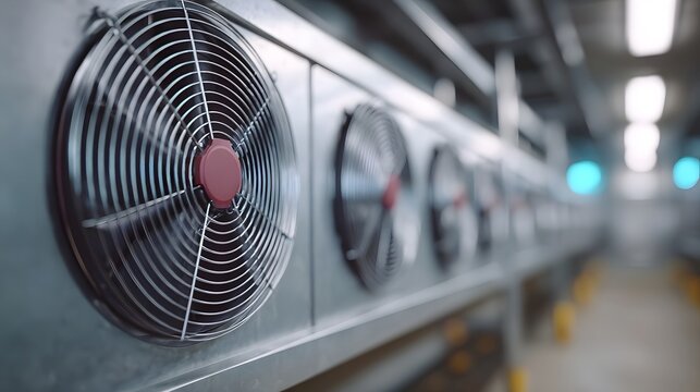 Industrial cooling fans lined up in a modern facility showcasing ventilation technology