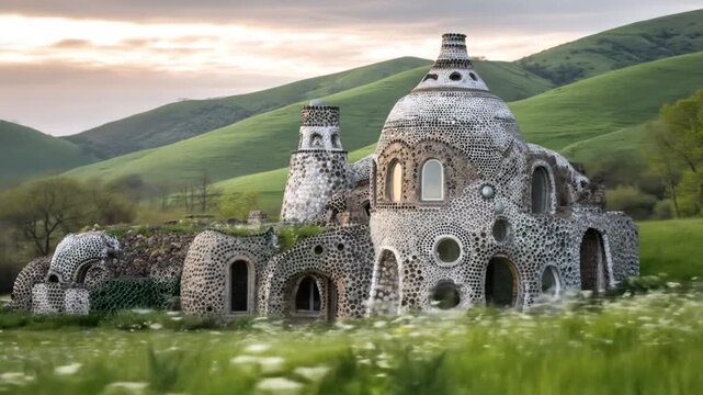 A unique and whimsical dwelling with stone and circular window design against a backdrop of rolling green hills
