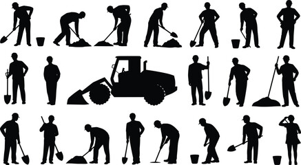 Set of construction worker silhouettes with shovels and tools, road building laborers and heavy loader machine, teamwork concept isolated on white background illustration. © Shirina