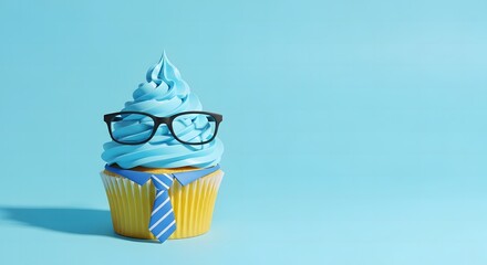 A whimsical cupcake dressed in a tie and glasses on a light blue background with a playful expression