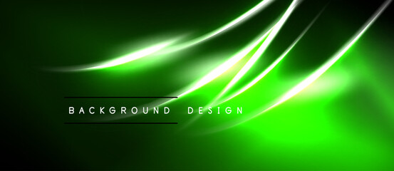 Naklejka premium Abstract green background features luminous curves. Dynamic lines create modern design, ideal for digital projects. Brightness contrasts with dark areas.