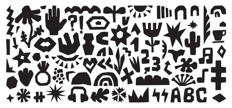 Cut out paper shapes. Giant hand drawn cutout collection with nature floral elements, heart, abc letters, coffee mug, abstract figures. Isolated neoteric vector design kit