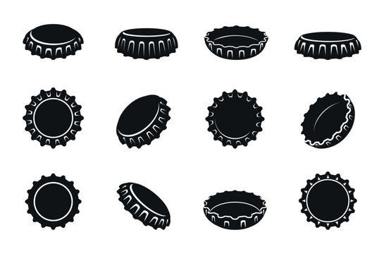 Black bottle caps silhouettes. Different cap for glass bottles, metal lids broken and crumpled. Circle covers silhouette for beverages, beer, soda, sapid vector clipart