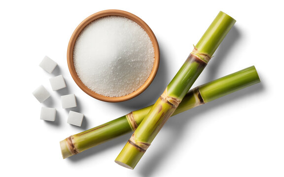 Top view of green sugarcane stalks with white granulated sugar bowl and cubes