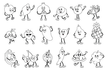 Obraz premium Coloring fruit characters. Funny groovy watermelon, apple, cherries, retro fruits different moods. Emotional children mascots, fresh harvest, vector clipart