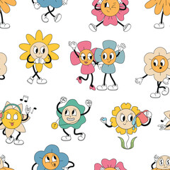 Obraz premium Retro chamomile characters seamless pattern. Cartoon funny flowers, blossom daisy different emotions. Groovy print for fabric, textile, wallpaper, vector background