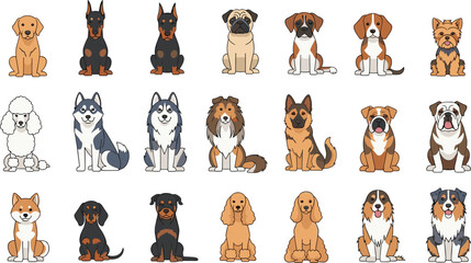 Flat Vector Dog Breed Collection, Large Set of Popular Pedigree Dogs and Puppies Isolated on White Background © MdJillur