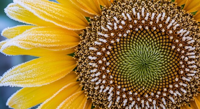 Beautiful sunflower macro photography with golden yellow petals and detailed central disk seeds pattern showing natural symmetry texture in morning sunlight for summer floral background and bright gar